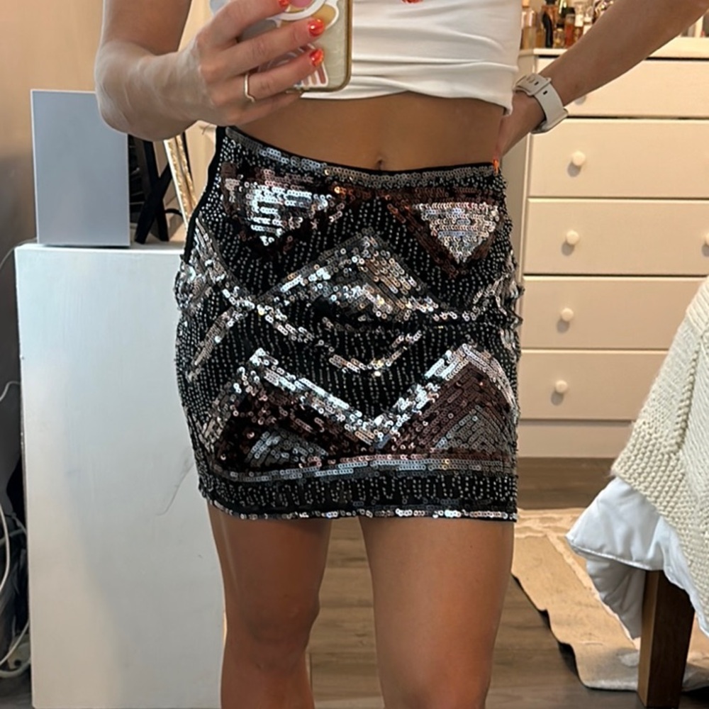 Sequin Mini Skirt - Black and Silver